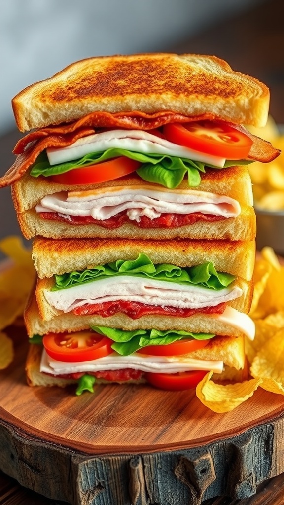 A classic club sandwich with turkey, bacon, lettuce, and tomato, served with chips on a wooden platter.